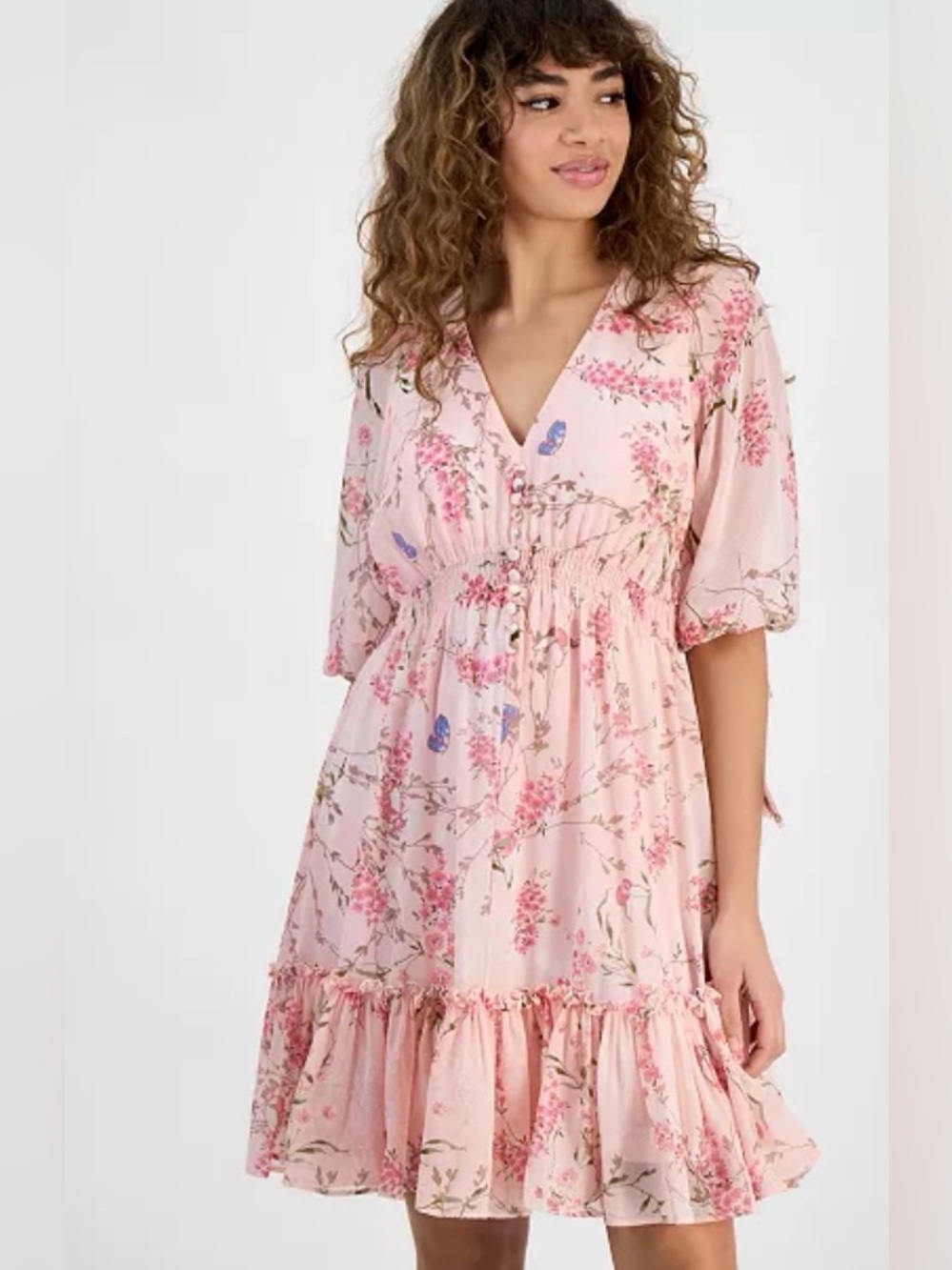 TAYLOR Petite Floral Puff-Sleeve Smocked-Waist Dress size 16